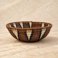 Handwoven large african zulu bowl with geometric pattern in brown black and cream made from sustainably sourced ilala wild grasses