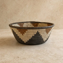 Handwoven large african zulu bowl star with geometric pattern in beige brown dark gray made from sustainably sourced ilala palm south africa