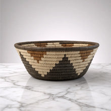 Handwoven large african zulu bowl with star geometric pattern in beige and dark brown ilala palm from south africa sustainably sourced