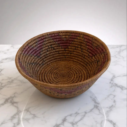 Handwoven large african zulu bowl with subtle star pattern in natural brown and deep maroon, sustainably sourced from south africa