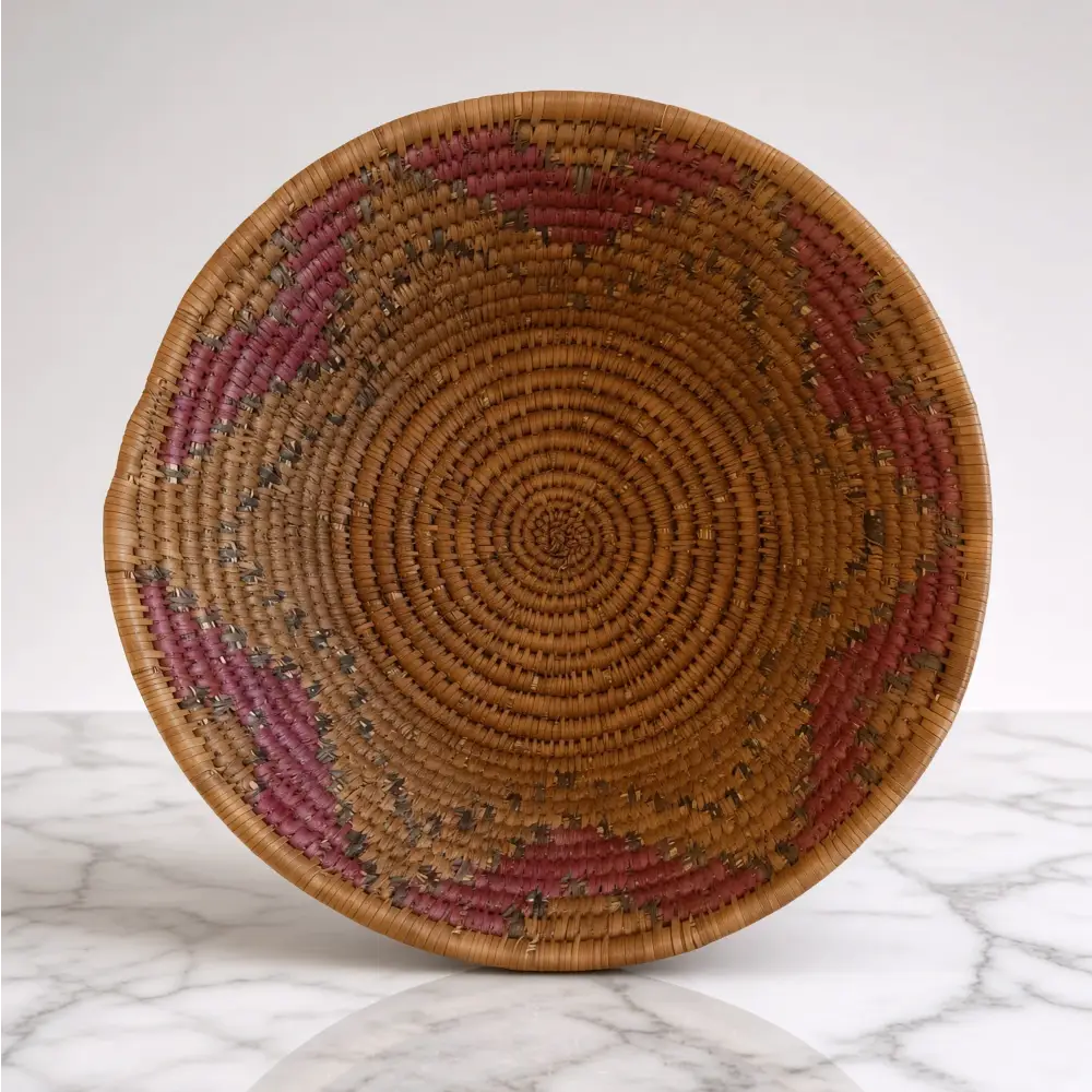 Handwoven large african zulu bowl subtle star with concentric spirals in natural brown and maroon sustainably sourced from south africa