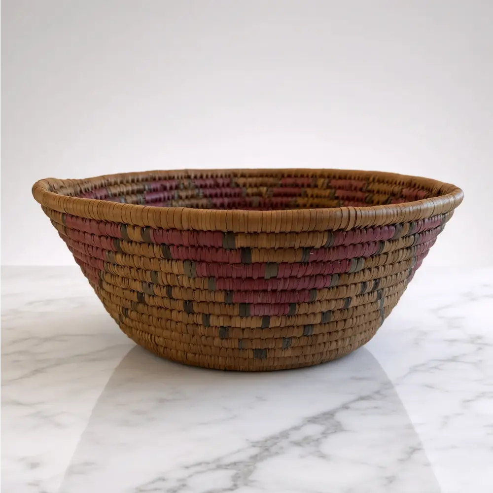 Handwoven large african zulu bowl with subtle star pattern in earthy brown dusty rose and dark gray sustainably sourced from south africa
