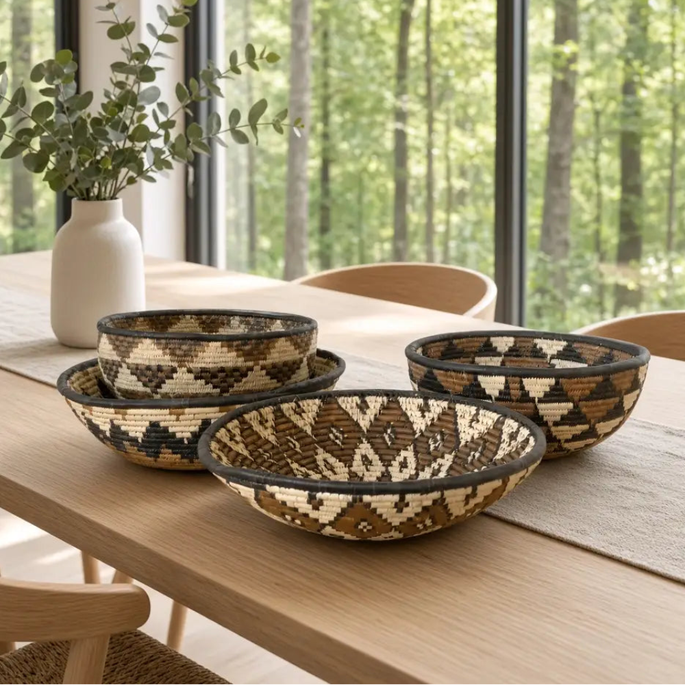 Handwoven large african zulu bowl subtle star in natural brown cream tones with black rim, sustainably sourced from south africa