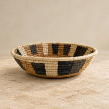 Handwoven medium african zulu bowl with geometric black beige natural patterns made from sustainably sourced ilala and wild grasses