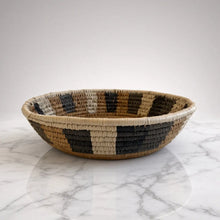 Handwoven medium african zulu bowl with black beige geometric pattern made from sustainably sourced ilala palm south africa