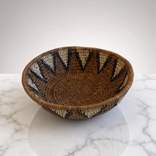 Handwoven medium african zulu bowl with brown beige and black zigzag pattern made from sustainably sourced ilala palm in south africa