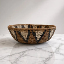 Handwoven medium african zulu bowl with geometric pattern in brown black and cream ilala palm from south africa sustainably sourced