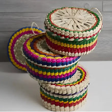 Colorful woven palm coasters perfect for taco night and serving homemade tortillas warm