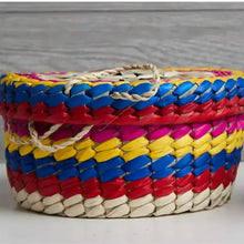 Colorful handwoven Mexican palm tortilla basket for taco night and warm homemade tortillas