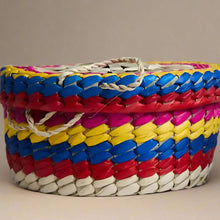 Colorful handwoven Mexican palm tortilla basket for taco night and warm homemade tortillas