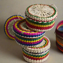Colorful woven palm coasters perfect for taco night and serving homemade tortillas warm