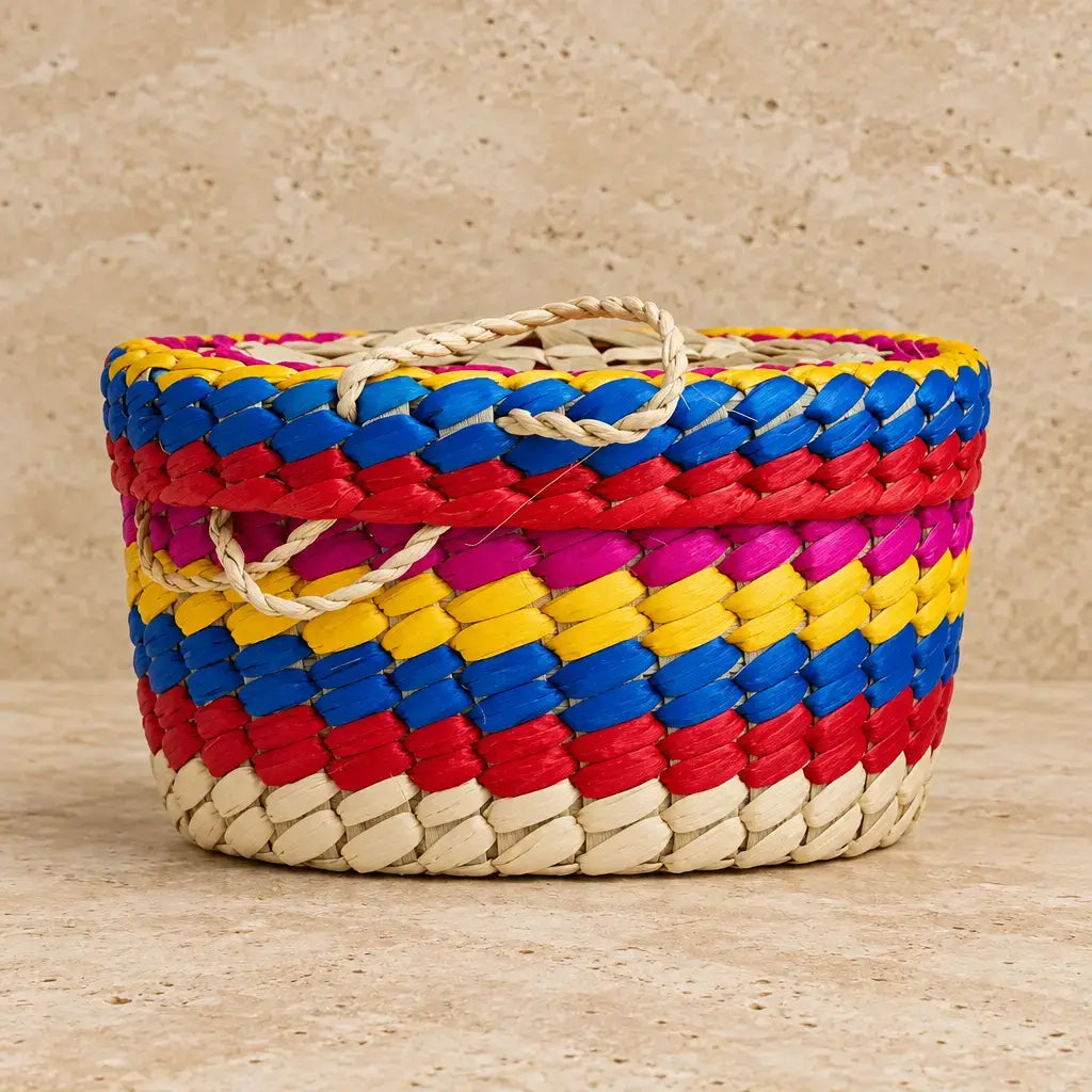 Vibrant handwoven Mexican palm tortilla basket with blue red yellow and pink stripes and a natural handle for taco night