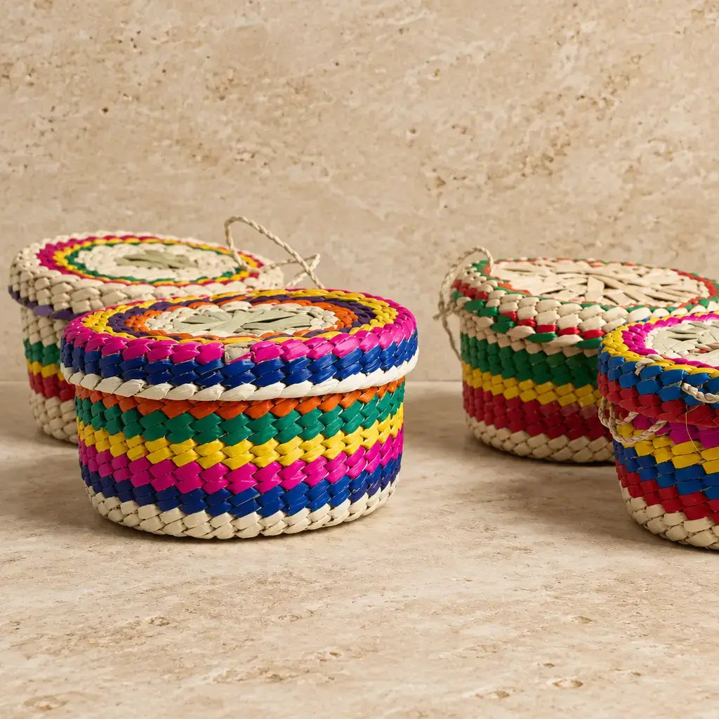 Vibrant handwoven mexican palm circular storage basket with rainbow stripes and lid perfect for keeping homemade tortillas warm on taco night