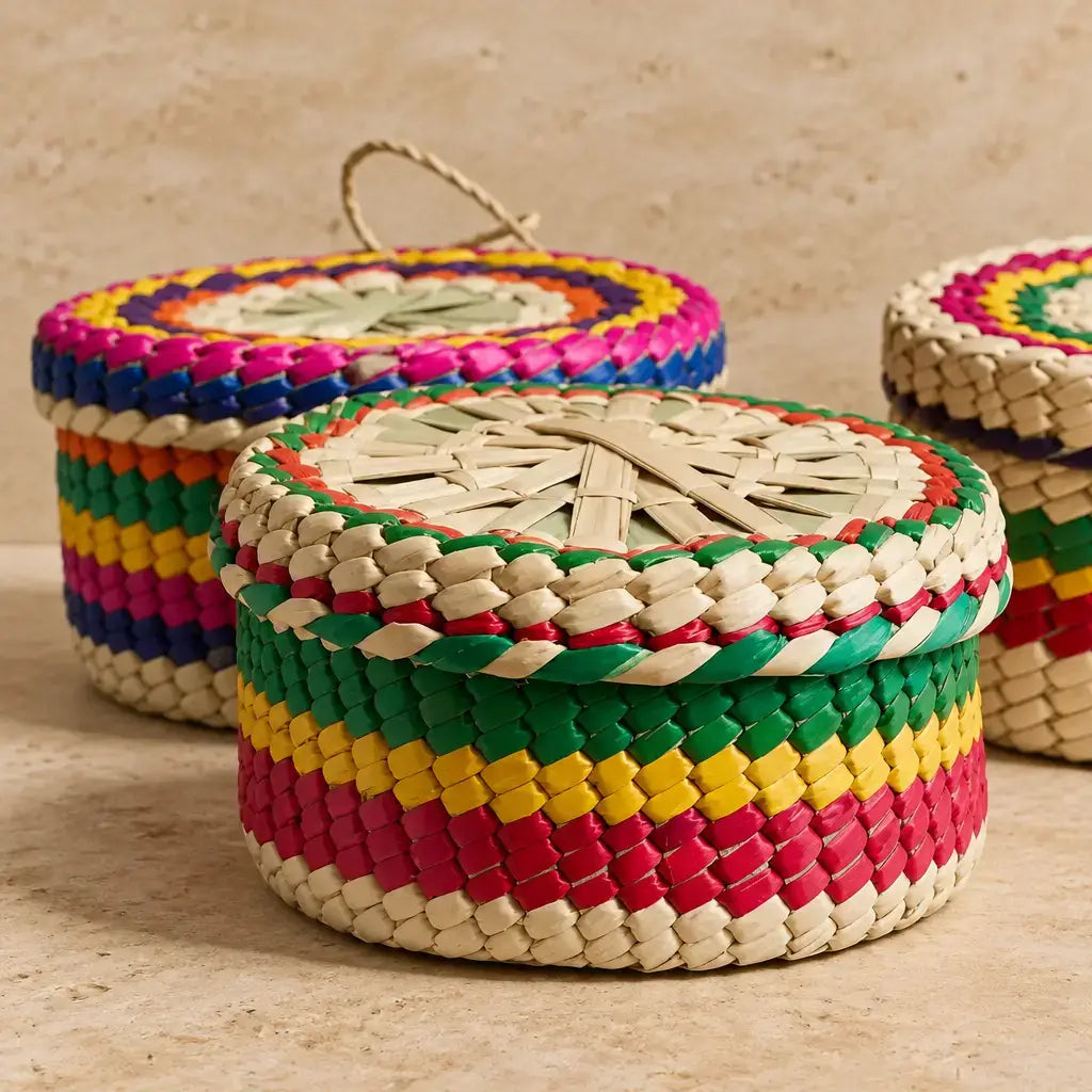 Vibrantly colored handwoven mexican palm tortilla basket with lid and handle perfect for keeping homemade tortillas warm on taco night