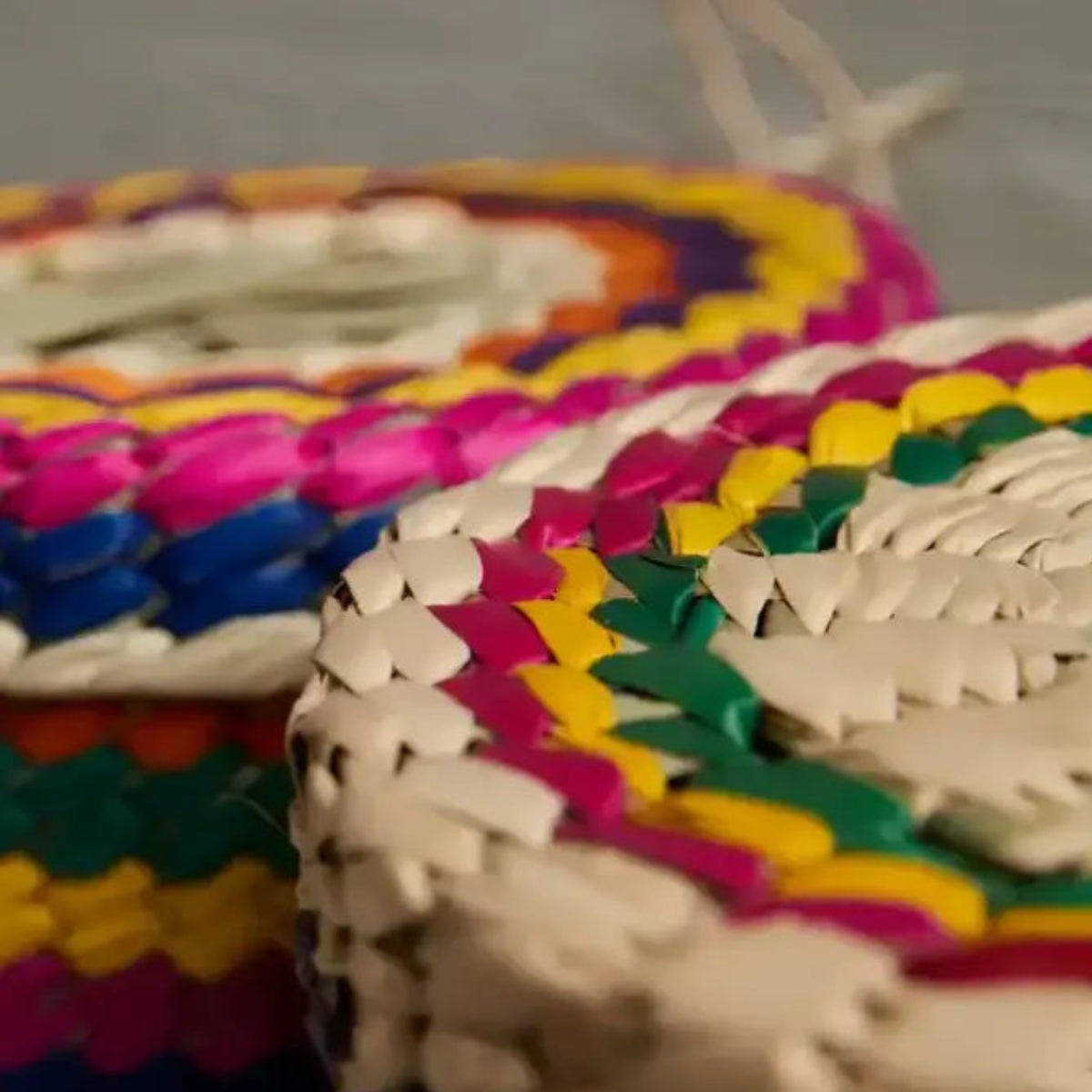 Colorful handwoven Mexican palm tortilla warmers for taco night and homemade tortillas warm
