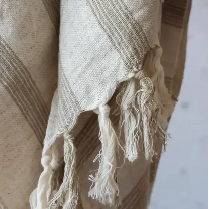 Beige and cream striped turkish towel with fringed edges in light brown stripes linen-cotton blend fabric