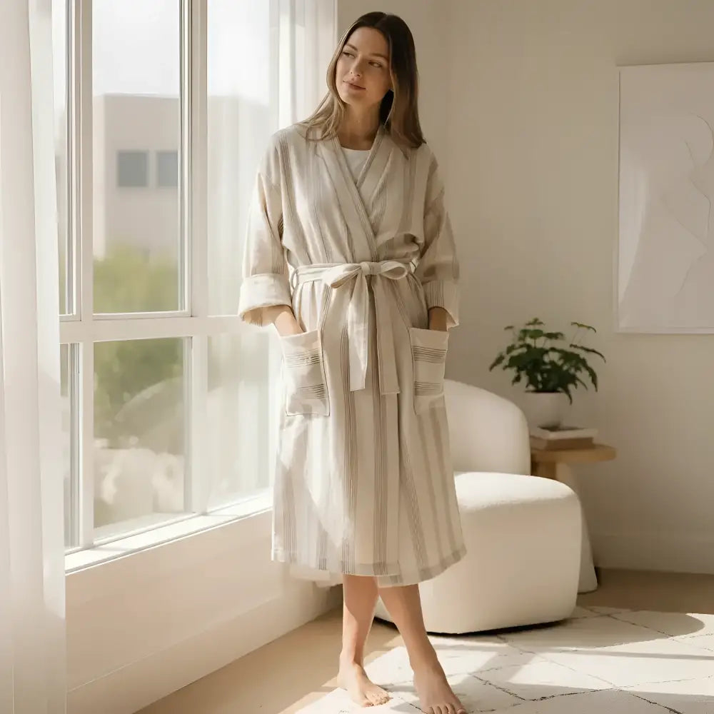 A soft off-white robe with subtle light brown stripes and a matching belt made from linen-cotton blend turkish towel fabric