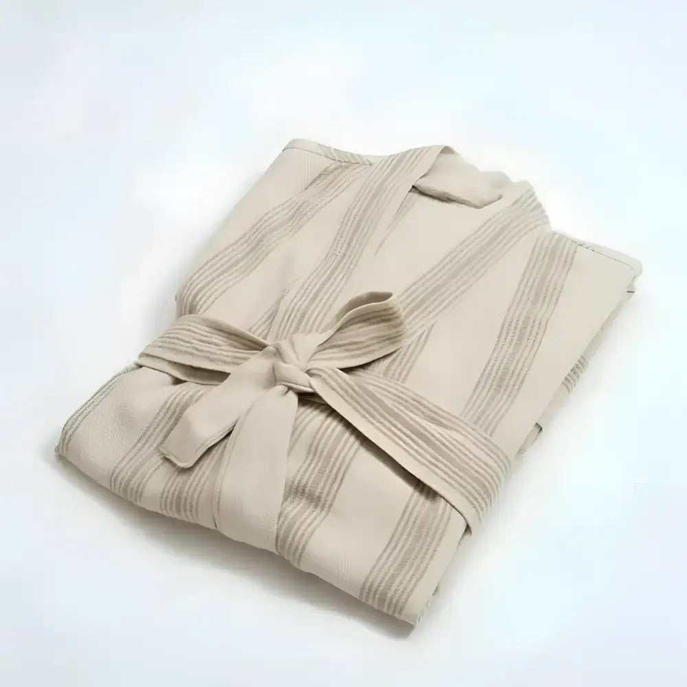 Beige striped cotton robe with matching tie belt made from light brown stripes turkish towel linen-cotton blend