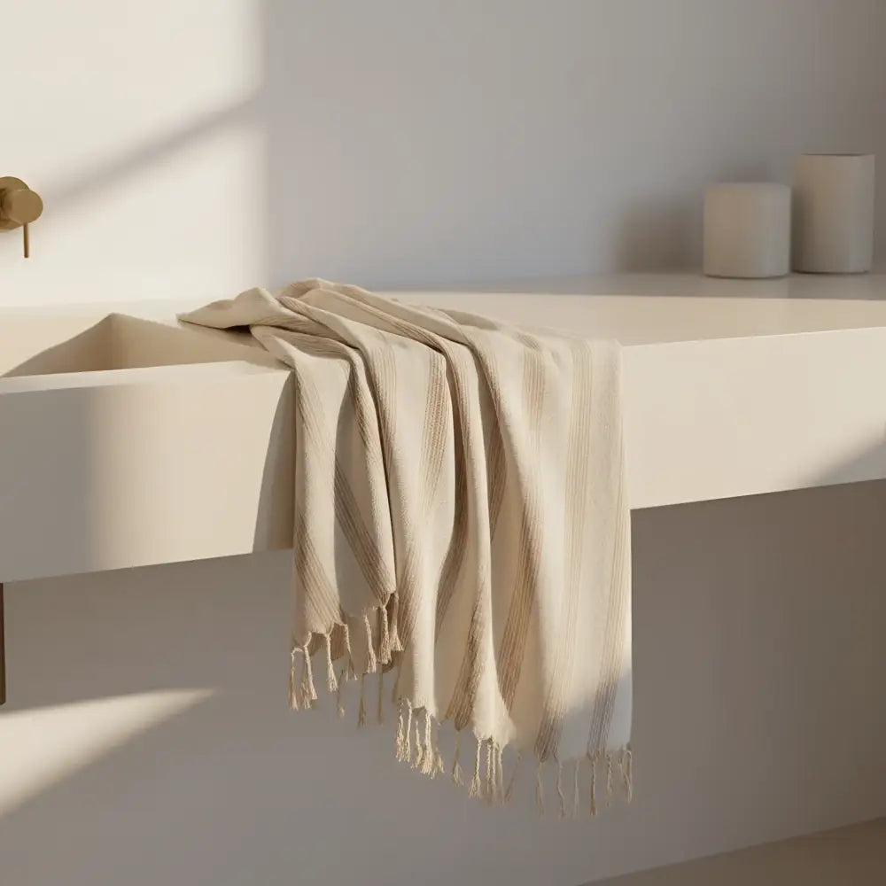 Cream-colored fringed Turkish hand towel in natural light brown stripes