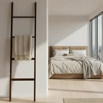 Handwoven beige white striped linen cotton towel on wooden ladder