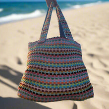 Colorful crochet tote bag with stripes, perfect large multicolor tote or pom pom tote style