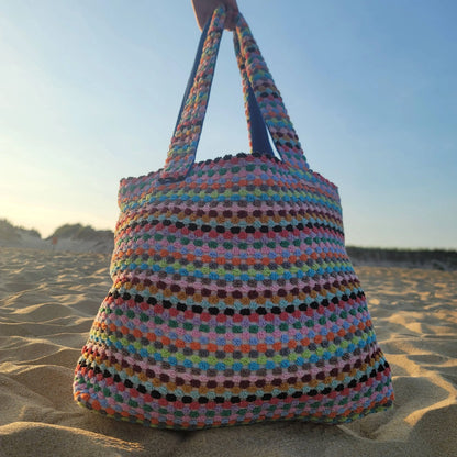 Colorful crochet tote bag with stripes, perfect large multicolor tote or pom pom tote style