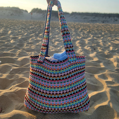 Colorful handwoven Turkish cotton tote with sturdy handles, perfect large multicolor tote