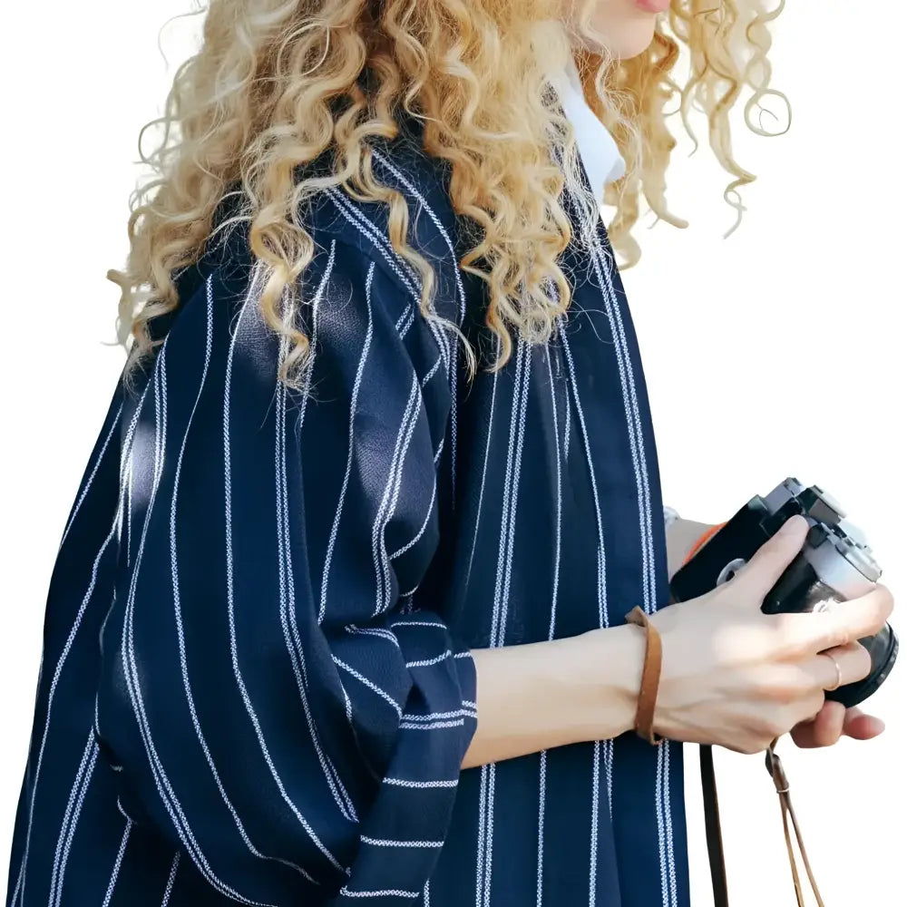 Luxurious navy blue handwoven Turkish kestane robe exudes elegance in stripes