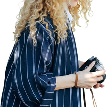 Luxurious navy blue handwoven Turkish kestane robe exudes elegance in stripes