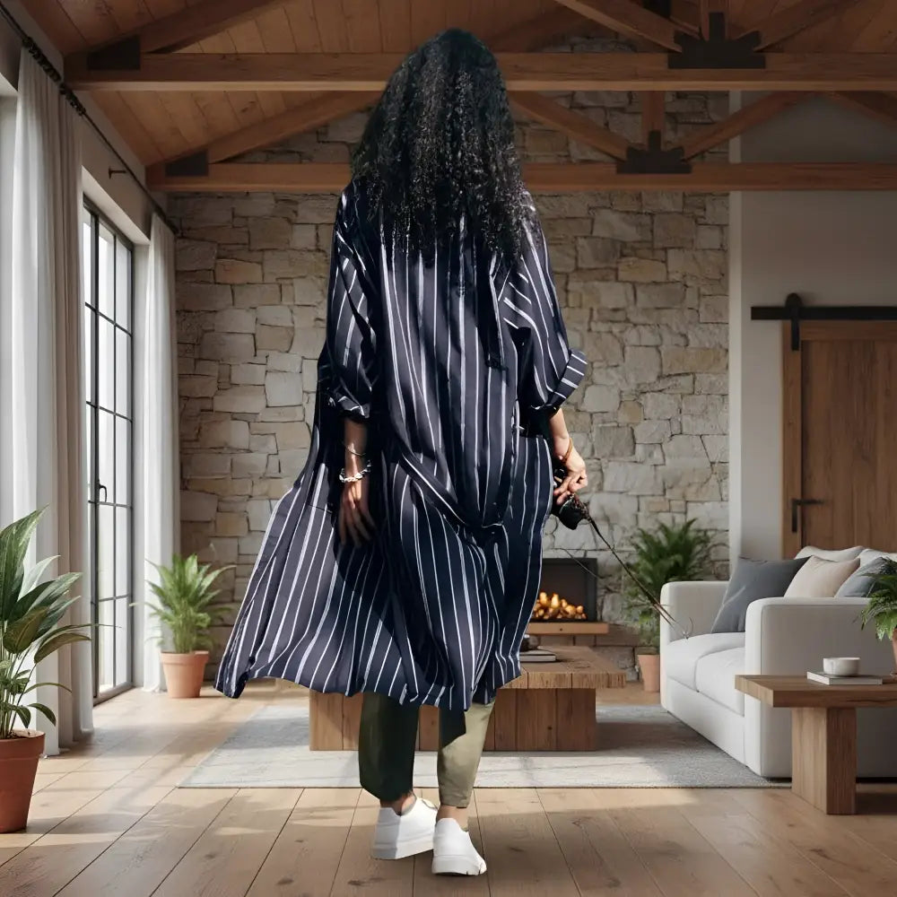 Luxurious navy blue Handwoven Turkish Robe with white stripes exudes elegance