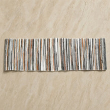 Handwoven upcycled fabric table runner with earthy beige gray black and rust vertical stripes for your dining table