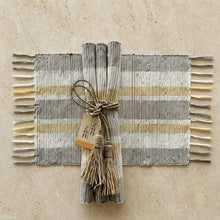 Handwoven vetiver placemats set of 6 in gray and beige stripes tied with rustic twine bow with fringed edges