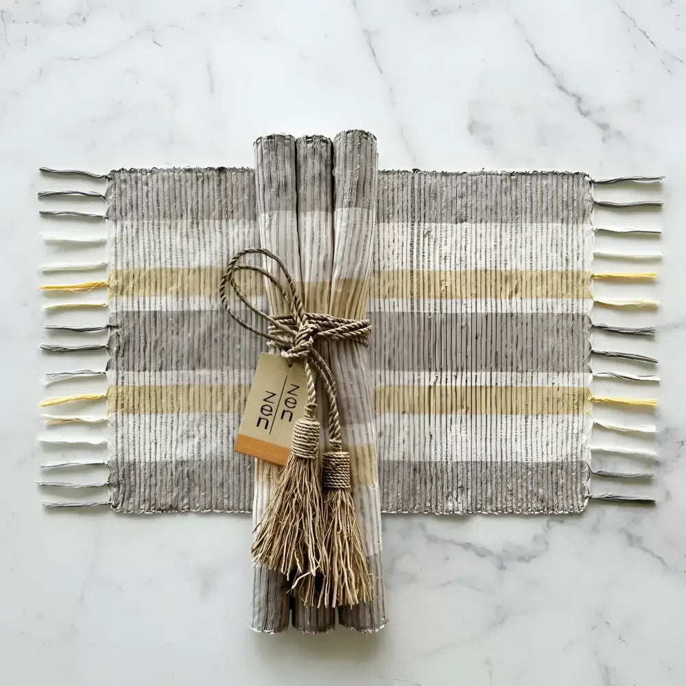 Handwoven vetiver placemats set of 6 in gray and beige stripes made from gorgeous all natural vetiver root with fringed edges