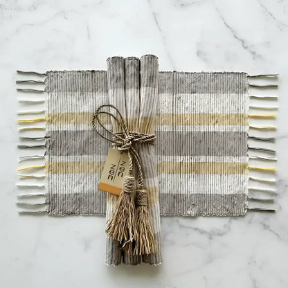 Handwoven vetiver placemats set of 6 in gray and beige stripes made from gorgeous all natural vetiver root with fringed edges