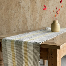 Handwoven vetiver table runner with muted yellow and gray stripes made from natural vetiver root fibers