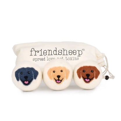 Three happy dogs eco wool dryer balls in navy, tan, brown before friendsheep bag