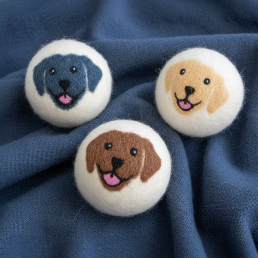 Three happy dogs hand-felted wool dryer balls pins in mixed colors