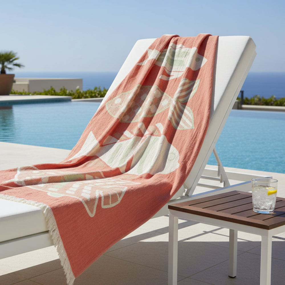 Coral-colored turkish cotton beach towel with four white and light green fish patterns and fringed edges perfect as a beach blanket