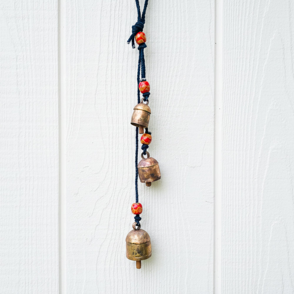 Handmade harmony bells with copper bells, red orange beads on black rope