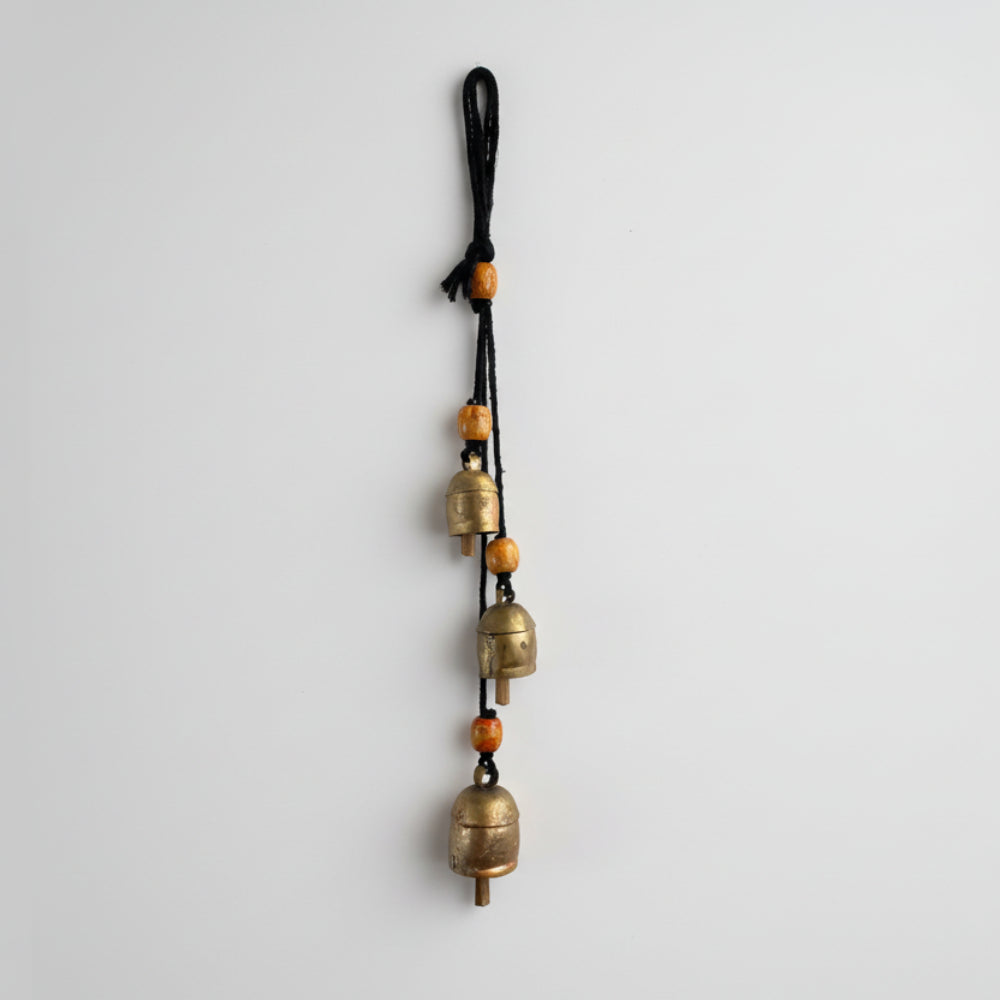 Handmade harmony bells with brass trio, orange beads on black rope