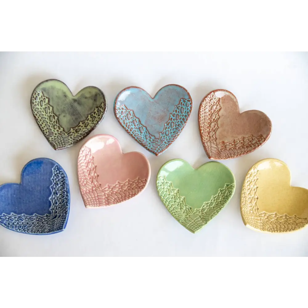 Handmade heart ring dish set, 6 eco-friendly ceramic trinket dishes