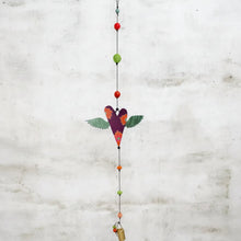 Heart wings wind chime with colorful wooden angel and floral patterns