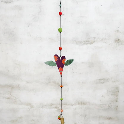 Heart wings wind chime with colorful wooden angel and floral patterns