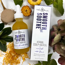 Take haven smooth and soothe herbal hair oil in clear glass bottle with white dropper cap filled with golden essential oils