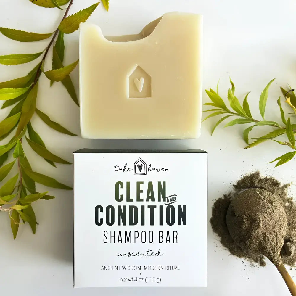 Cream-colored herbal shampoo bar formulated with nourishing oils for gentle cleansing featuring heart detail