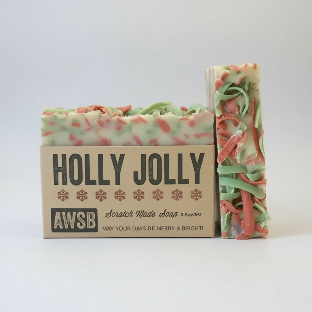 Holiday Wintergreen & Wild Holly soap bar in festive swirls and rustic box
