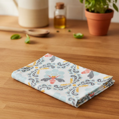 Honey bee handmade napkin with pink gray moth paisley design