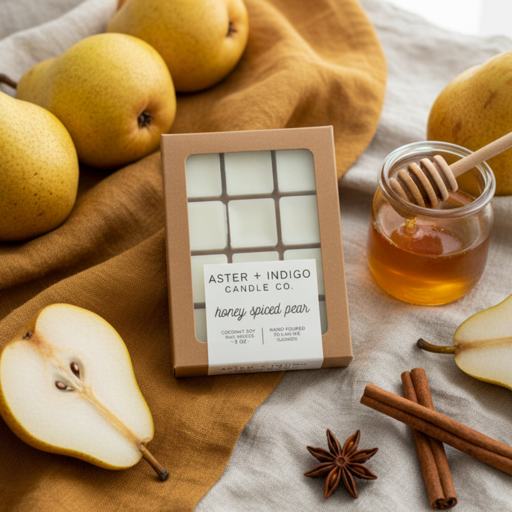 Aster + Indigo candle co honey spiced pear coconut soy wax melt in warm amber with natural eco friendly soy wax