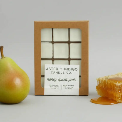 Aster + indigo candle co honey spiced pear coconut soy wax melt featuring freshly picked pears scent