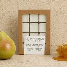 Honey spiced pear coconut-soy wax melt by aster + indigo candle co with freshly picked pears scent in a creamy white cube